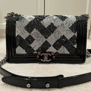 Chanel Medium Boy Bag in Sequin and Black Patent Leather